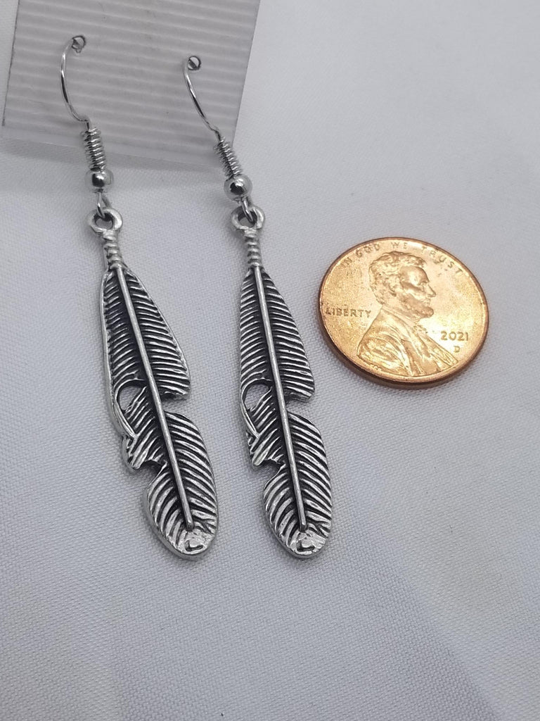 Feather earrings, silver, antique finish,  pierced, hypoallergenic - Kpughdesigns