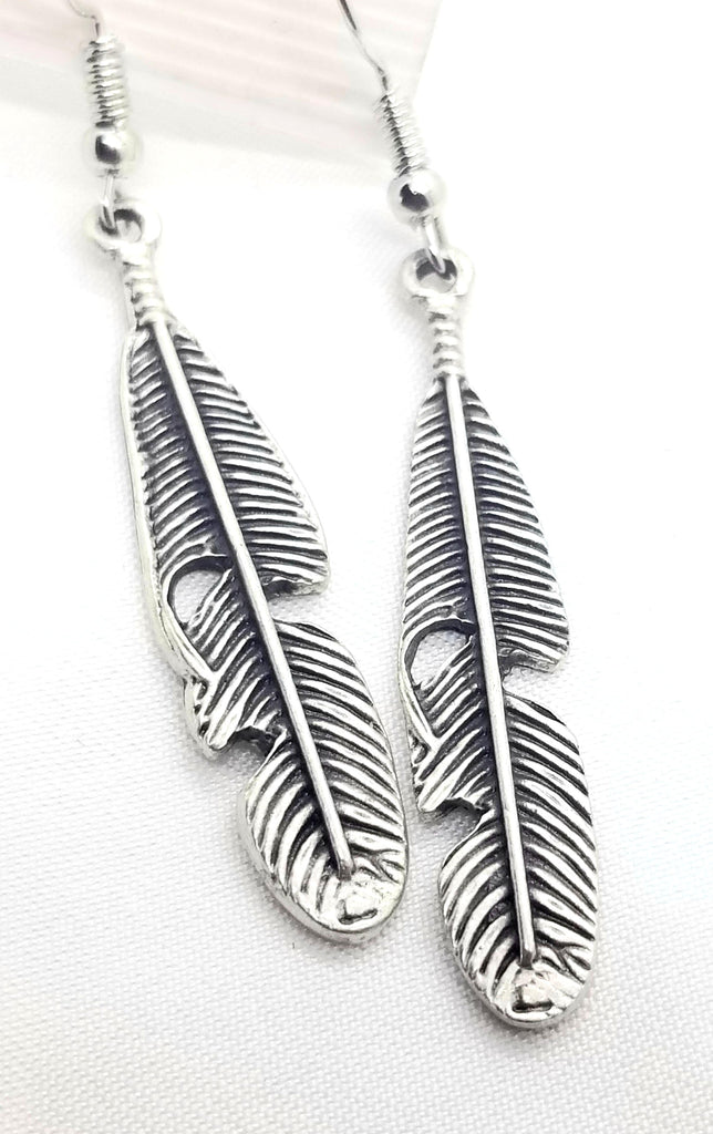 Feather earrings, silver, antique finish,  pierced, hypoallergenic - Kpughdesigns