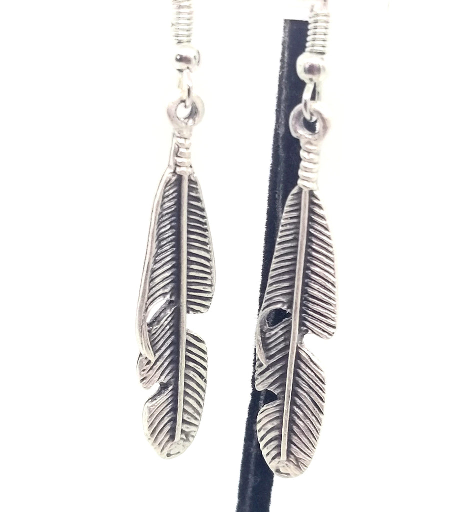 Feather earrings, silver, antique finish,  pierced, hypoallergenic - Kpughdesigns